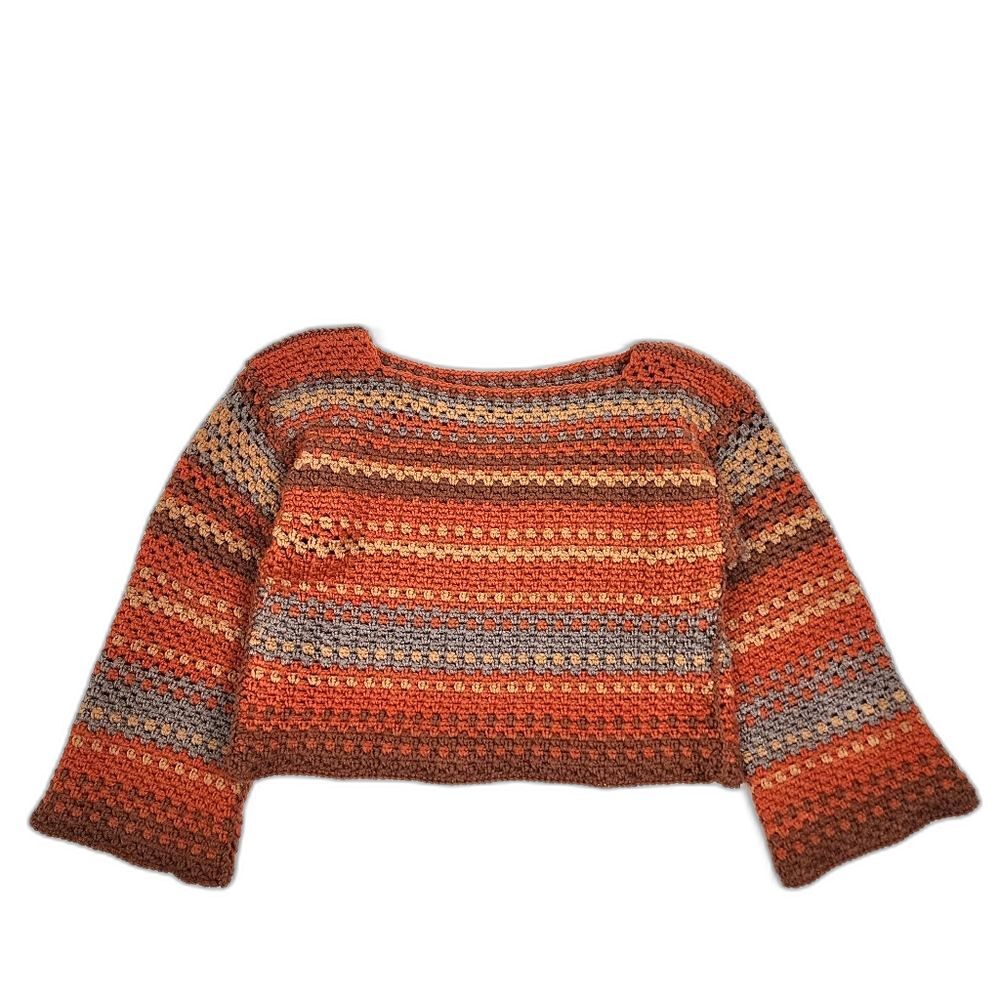 New Handmade Crochet Crop Sweater Boho Multicolor Striped Boat Neck Pullover OS - Picture 2 of 15